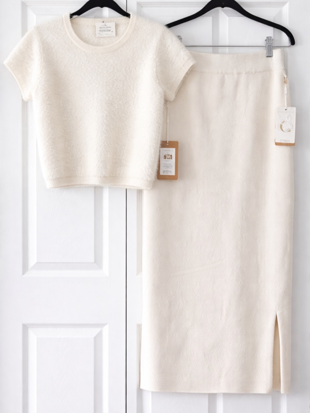 Cyrus NYC Ivory Knit Top & Midi Skirt Coordinating Set Soft NWT Small